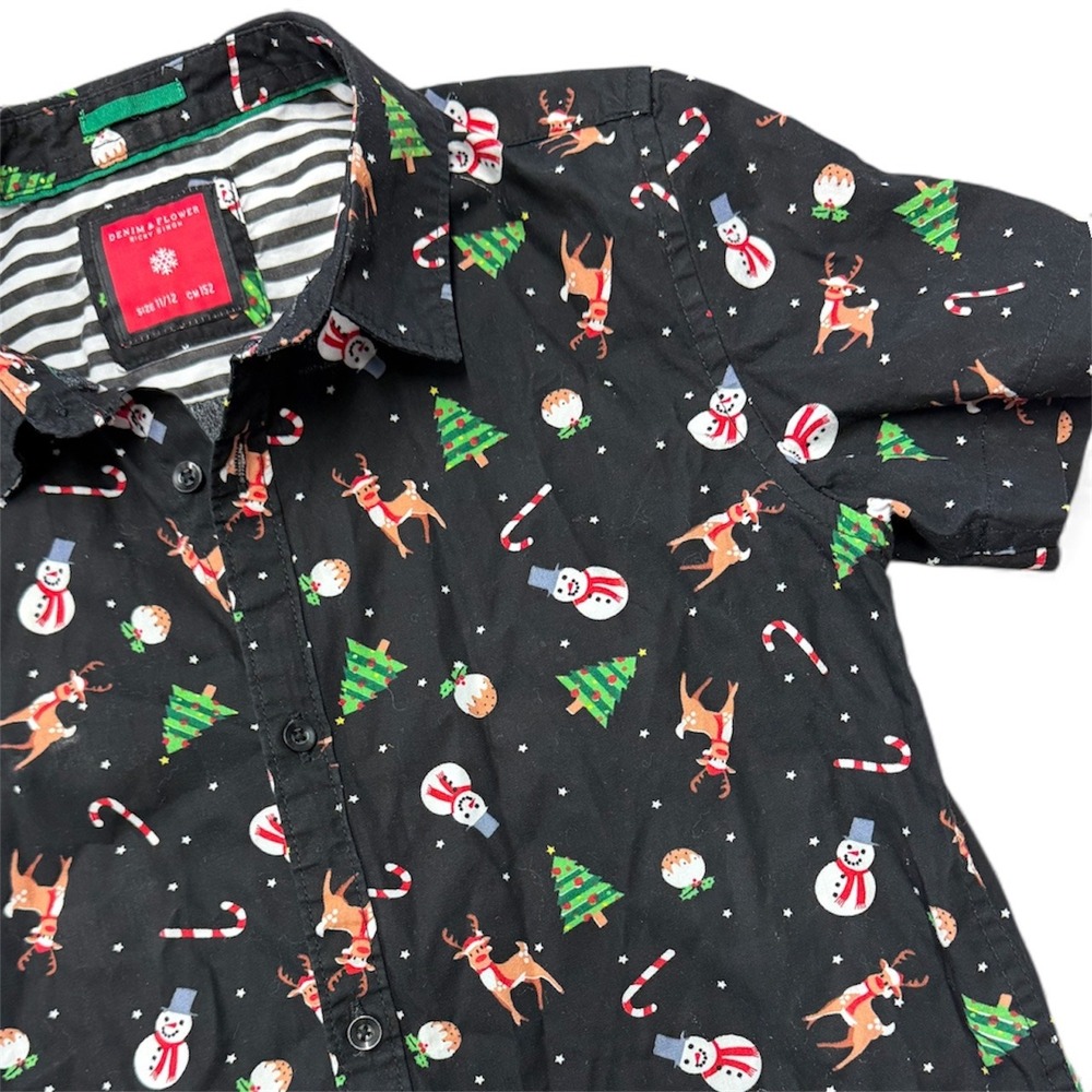 DENIM & FLOWER Kids Christmas Reindeer Snowman Black Button Up Size 11 12